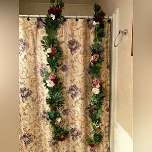 Ling’s Moment two 6ft garlands with burgundy, dusty rose, and pink flowers